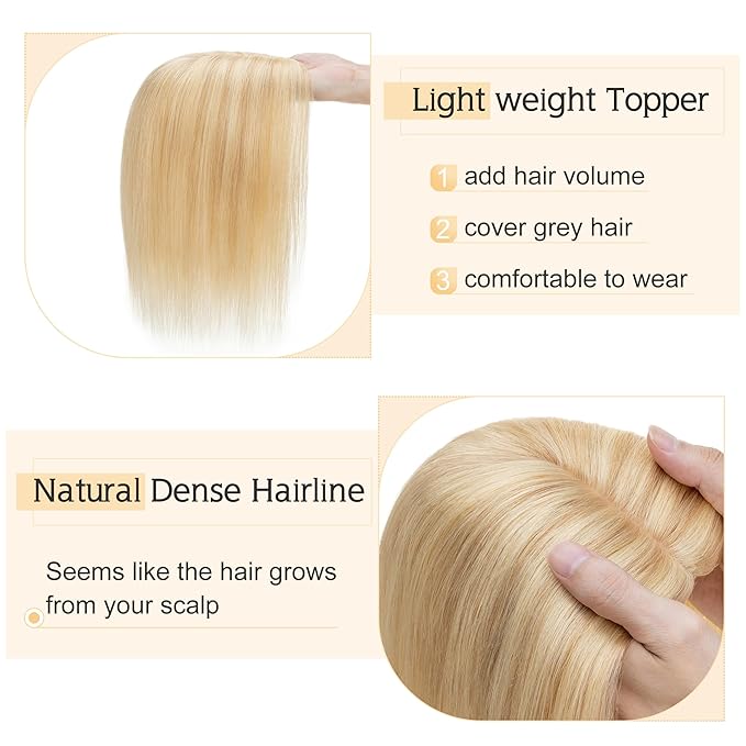 SEGO Human Hair Toppers for Women With Thinning Hair, 7 * 13CM Silk Base 100% Real Human Hair Clip in Top Wiglet Hairpieces -16 Inch No Bangs Ash Blonde&Bleach Blonde