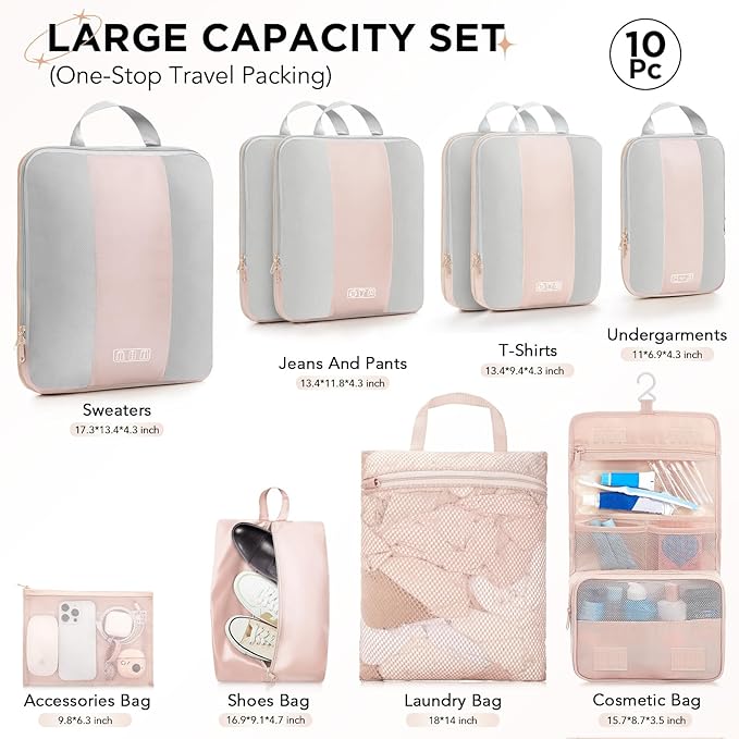 10 Set Compression Packing Cubes for Travel Gifts Women Mom,OlarHike Luggage Clothes Organizer for Travelers,Airplane/Cruise/Car/Train Travel Essentials,Compressible Expandable Saver Space Bags(Beige)
