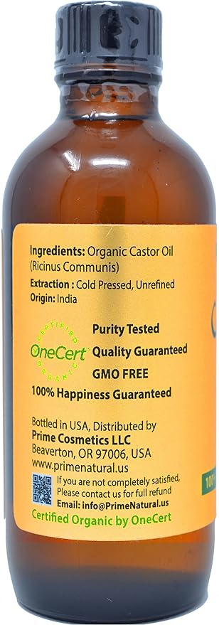 PRIME NATURAL Organic Castor Oil (4oz / 120ml) - USDA Certified Organic, Pure, Cold Pressed, Thick, Hexane Free - Stimulate Growth for Eyelashes, Eyebrows, Hair, Skin Moisturizer