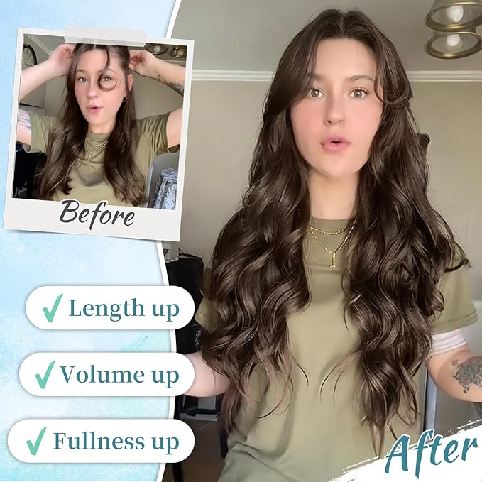 KooKaStyle Hair Extensions Long Wavy 4PCS Thick clip in hair extensions Hairpieces Chocolate Brown Fiber Double Weft Natural Synthetic Hair Extensions 24 Inch for Women