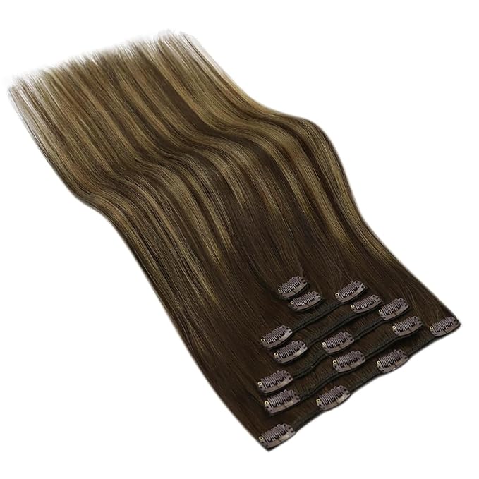 Ve Sunny Balayage Clip in Hair Extensions Human Hair Extensions Clip ins Dark Brown Ombre Caramel Blonde Clip in Extensions Real Human Hair for Long Straight Hair 22inch 120g 7pcs