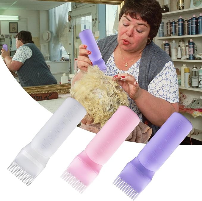 Cosywell Root Comb Applicator Bottle 6 Ounce Hair Dye Applicator Brush 3 Pack for Hair Root Comb Color with Graduated Scale(Pink White Purple)
