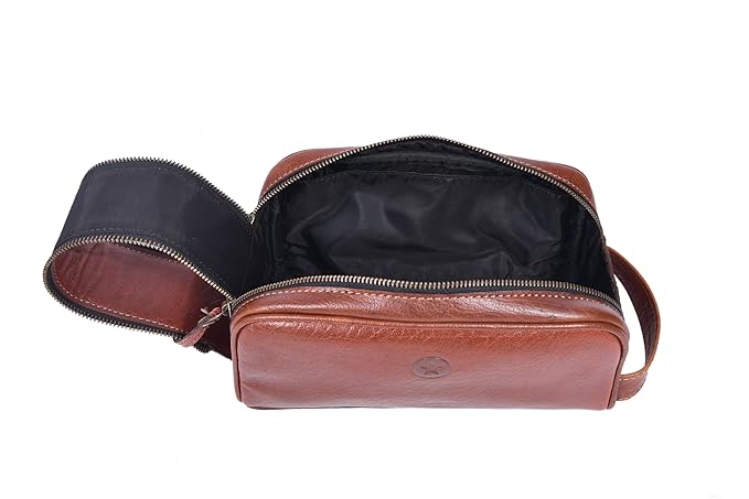 10" Premium Leather Toiletry Travel Pouch With Waterproof Lining | King-Size Handcrafted Vintage Dopp - Kit ~ Gift for Father's Day By Aaron Leather Goods (I Brown)