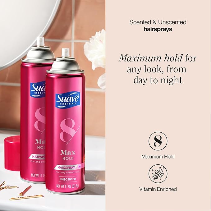 Suave+ Hairspray, Max Hold Bundle – Scented + Unscented Hairspray, 11 Oz Ea (4 Piece Set)
