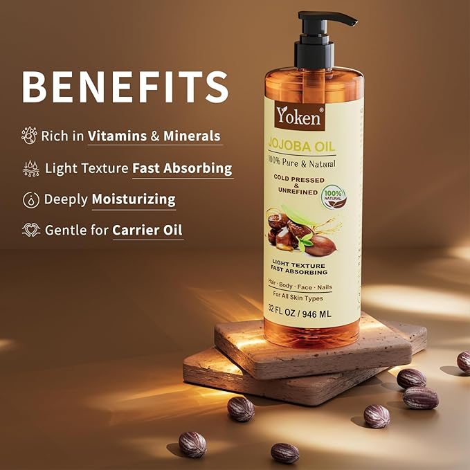 32 fl oz (EWG Verified) 100% Pure Jojoba Carrier Oil - Unrefined, Hexane-Free, Cold Pressed for Skin, Face, Hair, Nails, and Massage