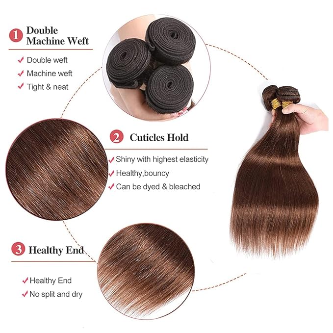 Brown Bundles Human Hair Color 4 Straight Bundles 18 20 22 Inch Niegmeag Brazilian Virgin Soft and Silky Remy Hair Extensions Chocolate Brown Straight Human Hair Bundle 150g