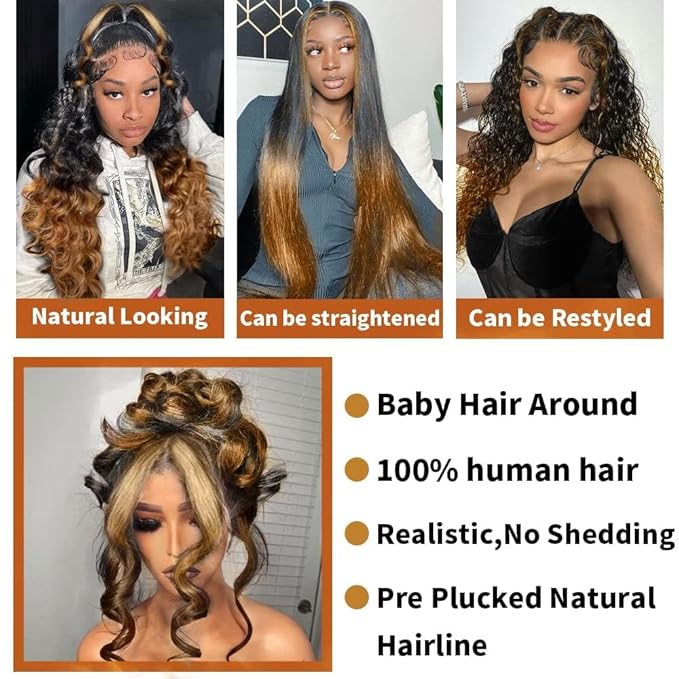 220 density Ombre 360 Lace Front Wigs Human Hair For Women Highlight Honey Lace Wig Glueless Wig With Baby Hairs Body Wave Lace Front Wigs Human Hair