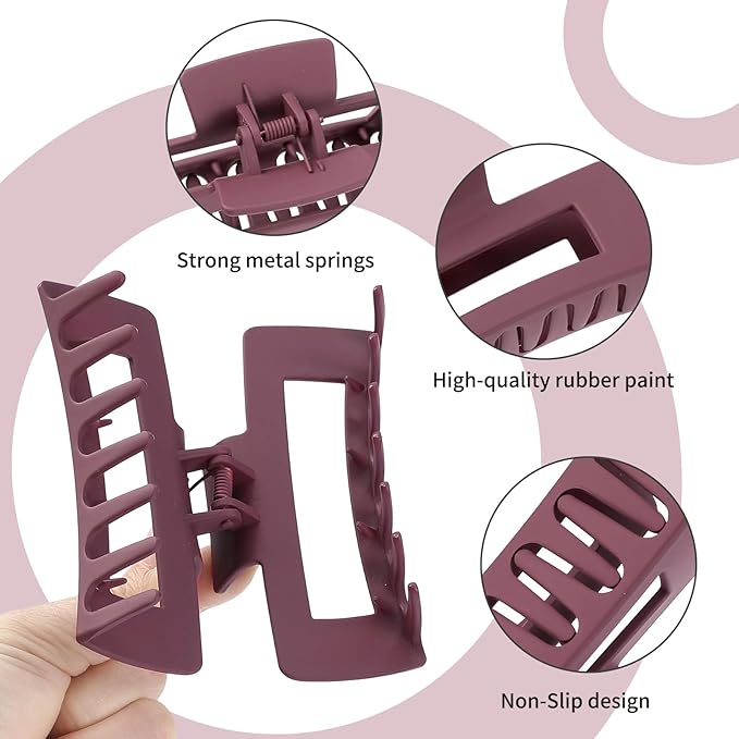 4 Inch Big Hair Claw Clips 6 Pcs Large Claw for Thick Hair Square Hair Clips for Women Rectangle Hair Clips Nonslip Acrylic Banana Jaw Clips Hair Accessories for Girls (Brown Scarlet)