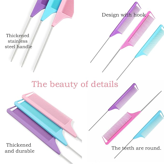 9pcs Topsy Hair Tail Tools & rat tail combs set, 6pcs Ponytail Pull Through Tool 3pcs Long Steel Pin Combs, Turvy Loop Styling Tool for Woman & Girl Hair Styling (Pink,Purple, Blue) Linmxiy