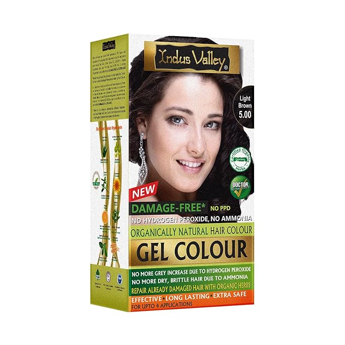 Indus Valley Natural Organic Damage Free Gel Hair Color | Ammonia Free, Vegan & Cruelty Free | Up to 100% Gray Coverage, Long Lasting Results | Light Brown 5.0 (20gram+200ml)