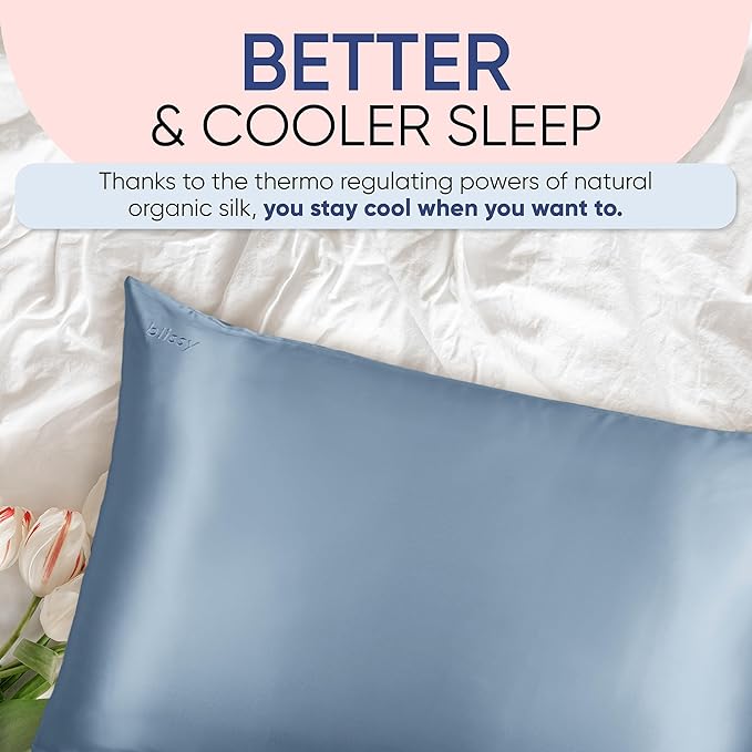 Blissy Silk Pillowcase - 100% Pure Mulberry Silk - 22 Momme 6A High-Grade Fibers - Silk Pillow Cover for Hair & Skin - Regular, Queen & King (Ash Blue, King)