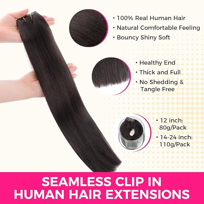 Lashey Seamless Clip in Hair Extensions Real Human Hair, #2 Dark Brown Straight 110g 7pcs 22 Inch Soft Long Hair Extensions with 100% Real Human Hair for Black Women