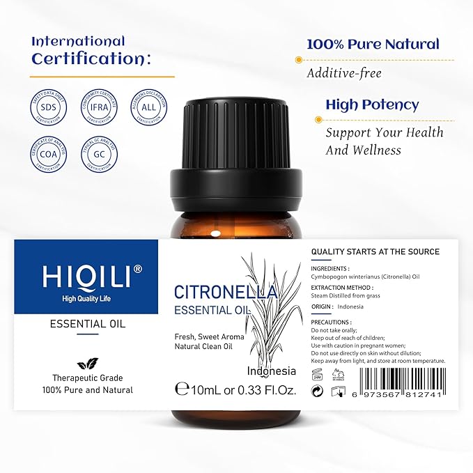 HIQILI 0.33 Fl Oz Citronella Oil for Homemade Sprays, Add to Diffuser, 100% Pure and Natural Undiluted, Portable - 10ml
