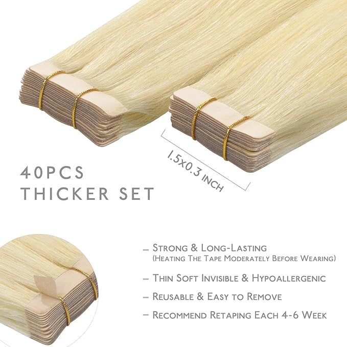 WENNALIFE Tape in Hair Extensions, 40pcs 60g 10 Inch Bleach Blonde Human Hair, Straight Invisible Reusable Real Extensions