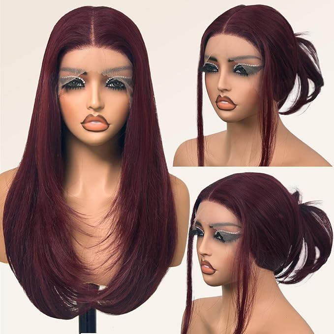 Glueless Synthetic Lace Front Wig 26 Inches Long Straight Red Wigs for Black Women 13x5x1 HD Lace Hand Tied Pre Plucked Hairline (#99J Burgundy, 26 Inch)