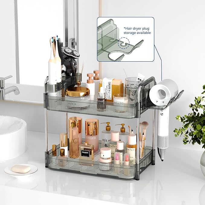 Bathroom Countertop Organizer,Makeup Counter Organizer With Hair Dryer Holder,Compatible with Dyson Blow Dryer,Electric Toothbrush And Toothpaste Holder,2-Tier Detachable Design,Gem Green