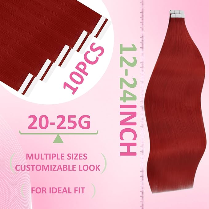 YoungSee Tape in Hair Extensions Red Tape in Extensions Human Hair 18Inch Tapes in Real Hair Red Long for Women 10Pcs 25G