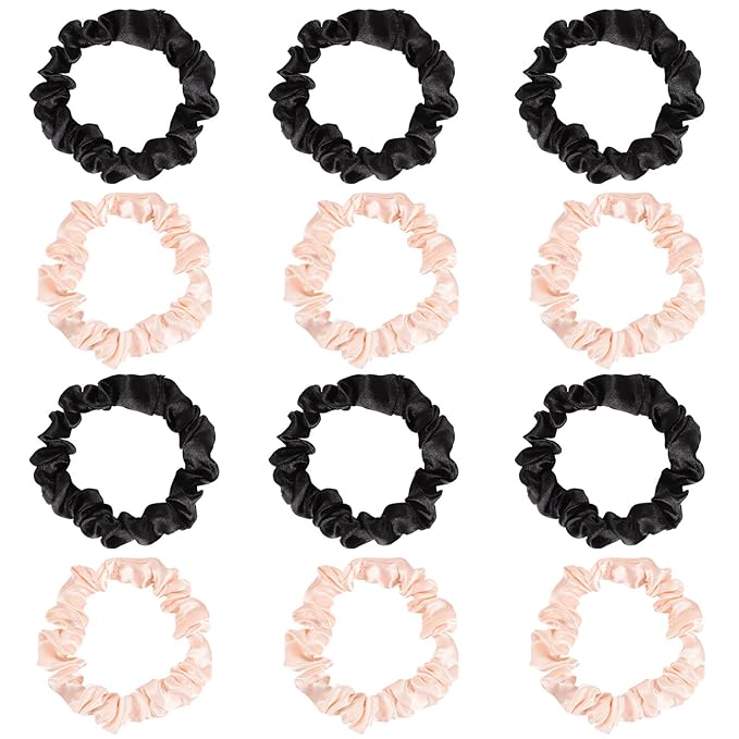 12Pcs Satin Elastic Hair Scrunchies, Silk Satin Hair Ties Elastics Ponytail Holders for Women Girls Valentine's Day Gifts (Blush,Black)