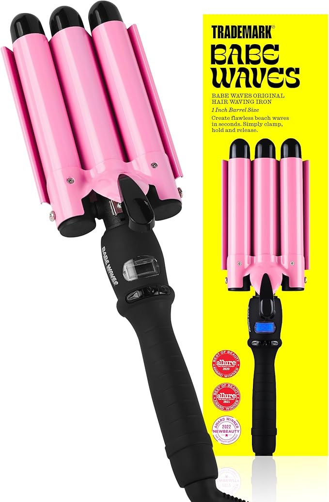 Trademark Beauty Three Barrel Hair Waver, Curling Iron, 1 Inch, Beach Waves, Quick Heat, Babe Waves Original, Adjustable Temperature Hair Curler - Pink
