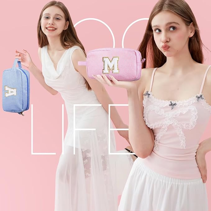 YOOLIFE Pink Cosmetic Travel Makeup Bag - Monogram Cute Initial Makeup Bags Cosmetic Toiletry Pouch Make Up Case for Women Her Best Friend Friendship Teacher, Personalized Birthday Gifts for Women V