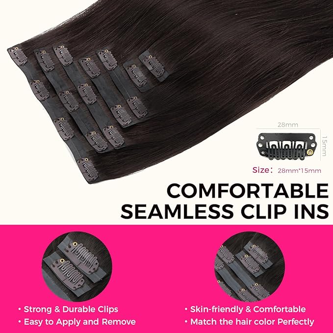Lashey Seamless Clip in Hair Extensions Real Human Hair, #2 Dark Brown Straight 110g 7pcs 22 Inch Soft Long Hair Extensions with 100% Real Human Hair for Black Women