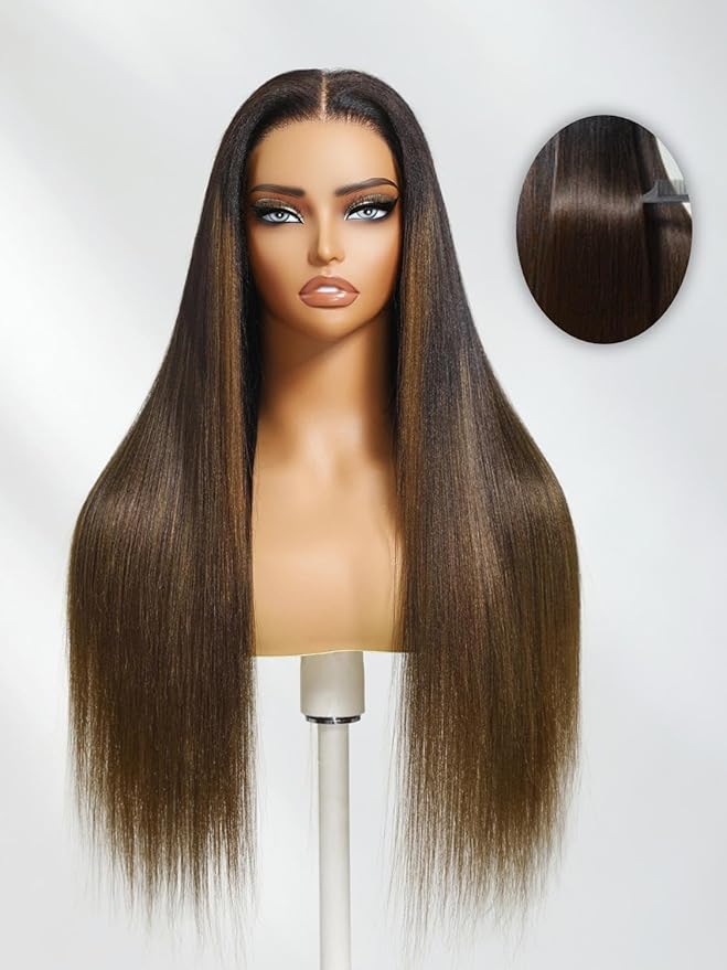 YIROO Bye Bye Knots Chestnut Brown Ombre Light Yaki Straight Wig Human Hair,7x5 Lace Front Glueless Wig with Drawstring,Pre Cut Pre Plucked Pre Bleached Knots Natural Hairline Wig for Women 26Inch