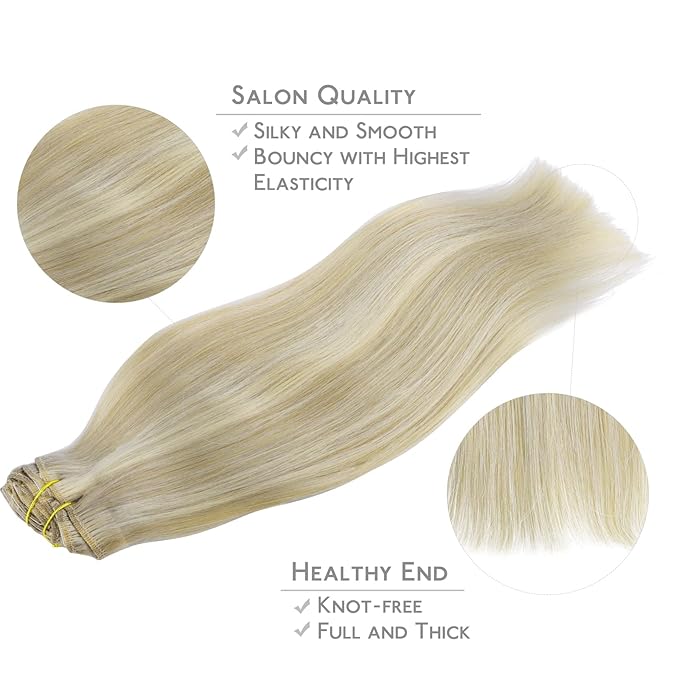 WENNALIFE Hair Extensions Clip In, 9pcs 18inch 150g Ash Blonde Highlighted Platinum Blonde Thicker Clip In Hair Extensions Real Human Hair Remy hair extension Double Weft Clip in Human Hair Extensions