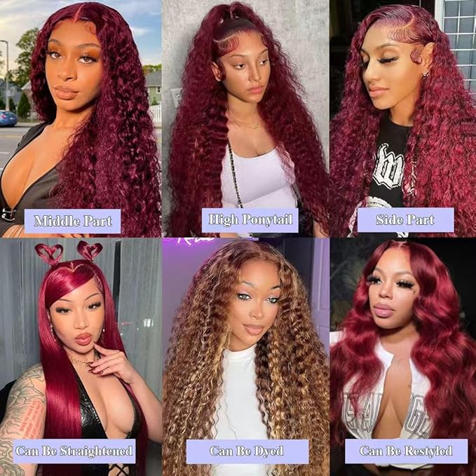 34 Inch Burgundy Wig Human Hair 13x6 Deep Wave Lace Front Wigs Pre Plucked 99j Burgundy HD Lace Front Wigs 200 Density Red Frontal Glueless Wig with Baby Hair for Women