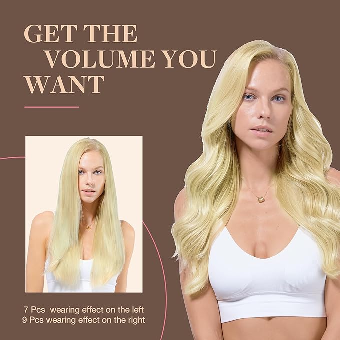 GOO GOO Clip in Hair Extensions Real Human Hair, Remy Human Hair Extensions Clip ins for Women, Natural Human Hair, 24inch 150g 9Pcs, #16/22 Light Blonde Highlighted Golden Blonde