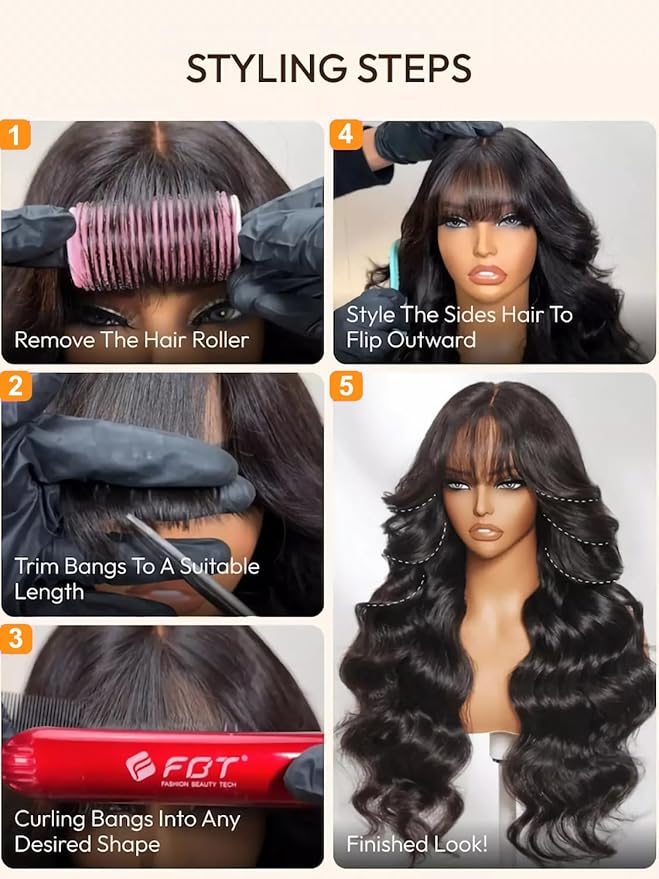 Julia Hair Bye Bye Knots Curtain Bangs Wig Glueless Fluffy Natural Loose Wave Pre Cut 7x5 HD Lace Front Wigs Invisible Pre Plucked Pre Everything Body Wave Put on and Go Wig for Women 16 Inch