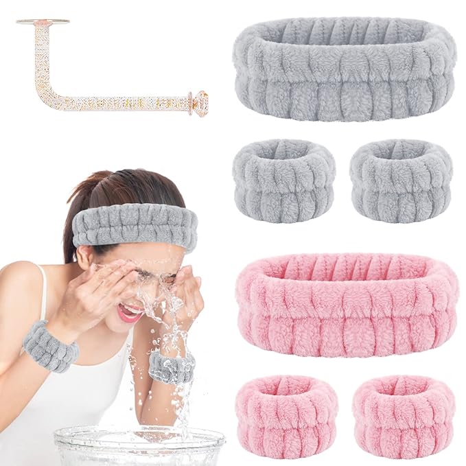 Face Washing Headband and Wristband Set of 2, Microfiber, Pink and Grey, Absorbent Spa Wristbands for Adult Women, 6 Count