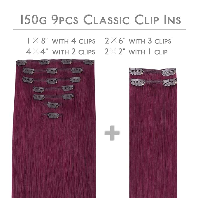 WENNALIFE Clip in Hair Extensions, 150g 16 Inch 9pcs Light Burgundy Remy Hair Thicker Double Weft Extensiones De Cabello Humano Con Clip Ins Straight Full Volume