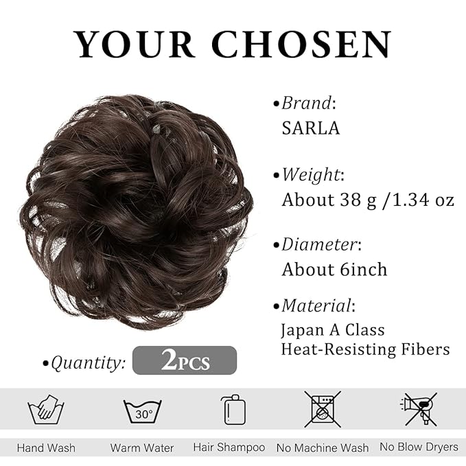 SARLA 2PCS Messy Hair Bun Hair Pieces Wavy Curly Synthetic Updo Fake Scrunchies Ponytail Extension for Women Dark Brown