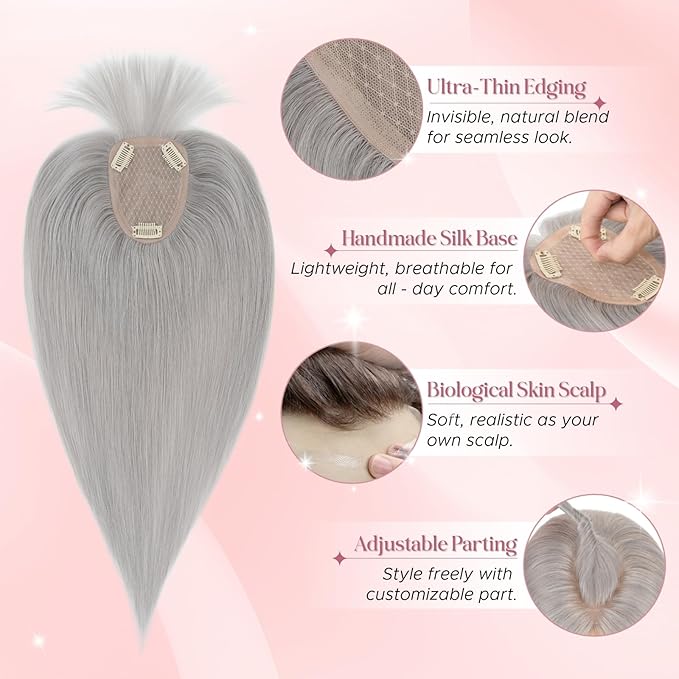 Real Human Hair Toppers for Women 3.54"*4.72" Silky Base 150% Density With Bangs Adjustable Parting Clip-In Topper Hairpieces for Women with Thinning Hair 10 Inches Silver Grey