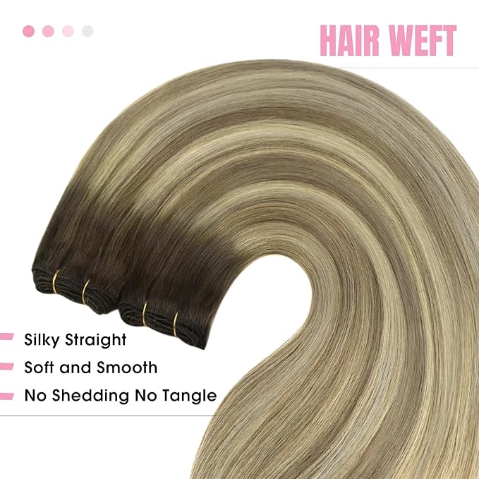 YoungSee Human Hair Weft Extensions Brown Ombre Sew in Extensions Balayage Weft Hair Extensions Human Hair Walnut Brown Ombre Light Brown with Blonde Balayage Hair Wefts Remy Hair 20Inch 100G