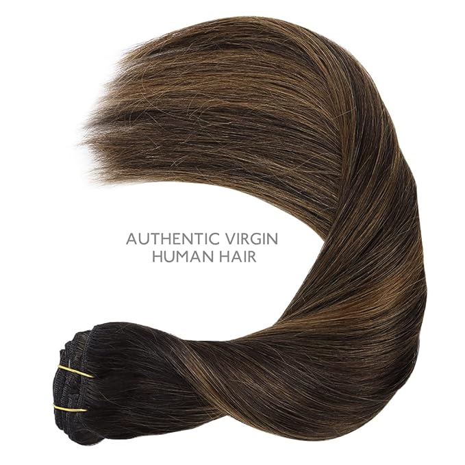 WENNALIFE Clip in Hair Extensions, 150g 14 Inch 9pcs Balayage Dark Brown to Chestnut Brown Human Hair Extensions Thicker Clip in Hair Extensions Real Human Hair Clip Set Double Weft