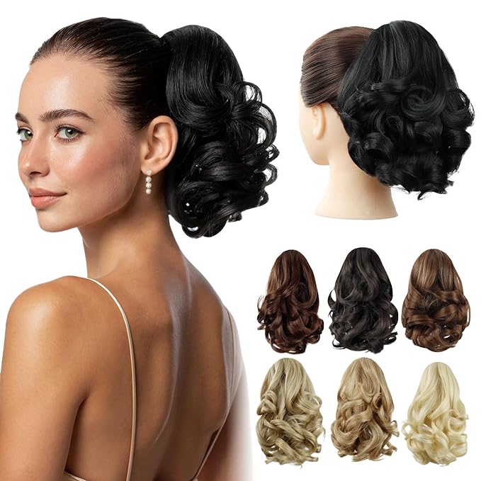 Black Ponytail Extension,9" Short Curly Wavy Claw Clip Pony tails Hair Extensions Natural Soft Synthetic Hairpiece for Women