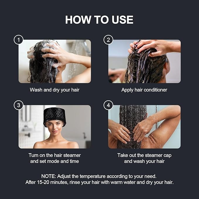 Electric Hair Steamer Cap, Hair Care Hat Heating Cap with 10 Gears Temperature and Timer Control, Thermal Heat Cap for Black Hair Thermal (Black)