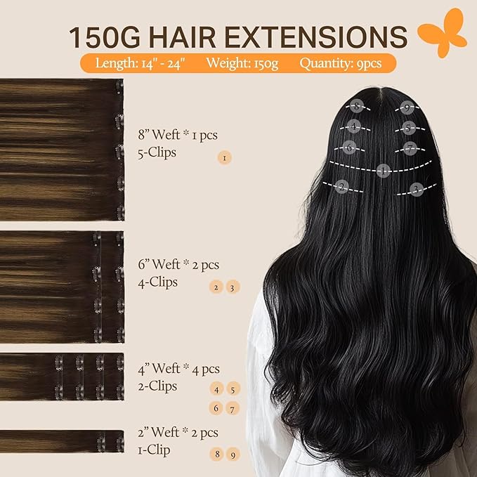 DOORES Clip in Human Hair Extensions, Balayage Dark Brown to Chestnut Brown 16 Inch 9pcs 150g, Remy Clip in Hair Extensions Thick Straight