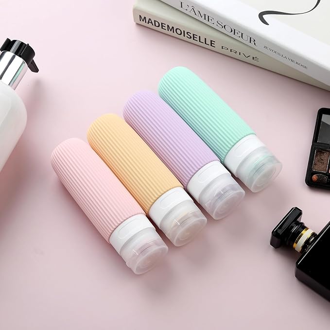 Travel Bottles for Toiletries, Tsa Approved 3oz Portable Travel Bottles, BPA Free Leak Proof Squeezable Silicone Travel Size Containers, Travel Accessories with Clear Toiletry Bag (4 Pack)