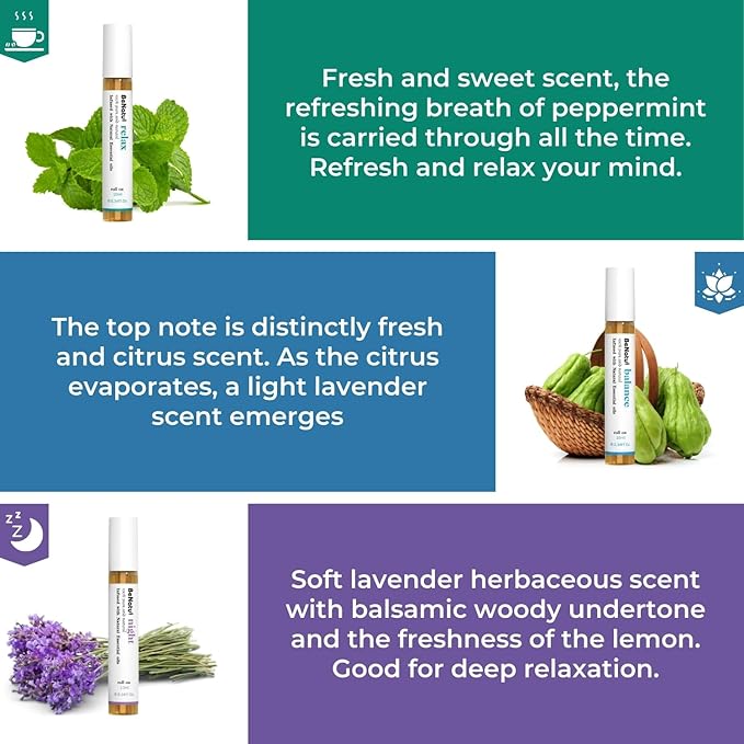 Essential Oil Set (Relax, Night, Balance), Aromatherapy Roll On Blends for Massage, Body Care & Home Use, Great Fragrance Gift for Men & Women Relaxation