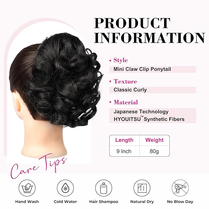 REECHO Ponytail Extension, 9" Short Curly Wavy Claw Clip Pony tails Hair Extensions HP001 Hairpieces for Women - Black