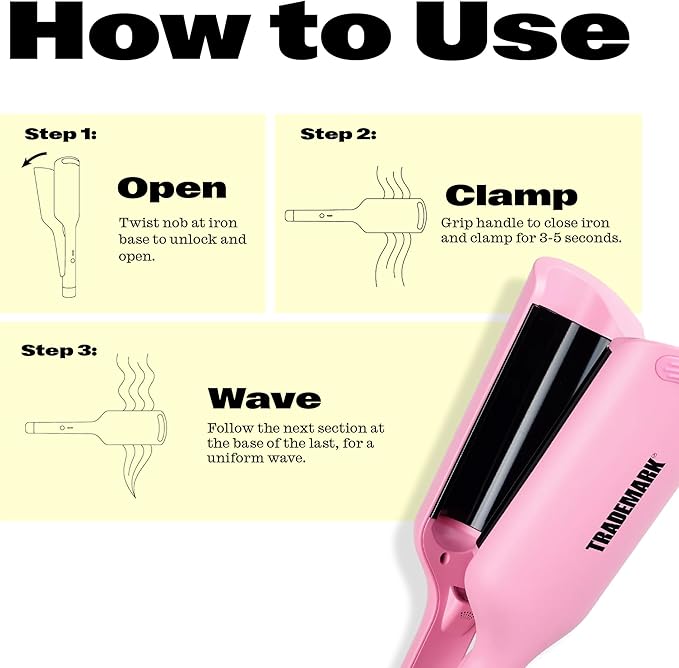 Trademark Beauty Hair Waver - Double Barrel Hair Crimper, Beach Waves Curling Iron, Babe Waves X, Adjustable Temperature Hair Curler, Hair Styling Tools, 1.25" - Pink