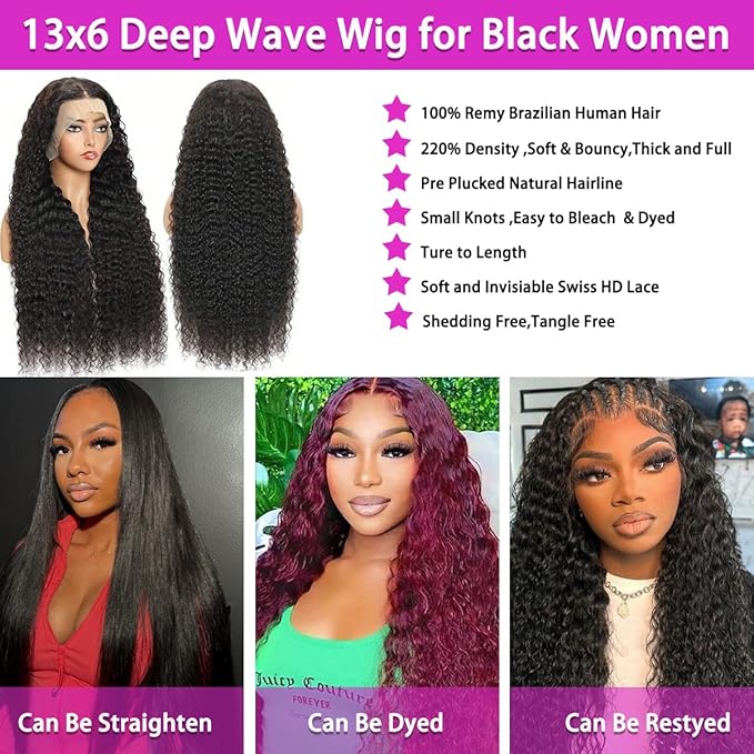28Inch Deep Wave Lace Front Wigs Human Hair 13x6 Deep Curly Lace Front Wigs Glueless Lace Frontal Wig Brazilian Virgin Human Hair Pre Plucked with Natural Hairline 210% Density