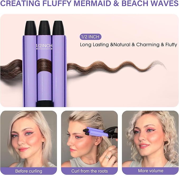 Mini Hair Crimper, janelove 1/2 Inch Beach Waves Curling Iron, Hair Waver for Short & Medium with 3 Ceramic Barrels, Home and Travel Friendly Crimper Hair Tool, Dual Voltage, 392℉ Fast Heating