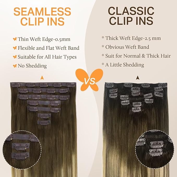 DOORES Hair Extensions Seamless Clip in Human Hair, Walnut Brown to Ash Brown and Bleach Blonde 110g 7pcs 16 Inch, Invisi Edge Hair Extensions Real Human Hair Clip in Remy Straight Hair