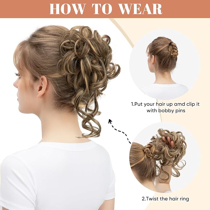 CJL HAIR 2PCS Messy Bun Hair Pieces Wavy Curly Synthetic Updo Chignon Fake Scrunchies Ponytail Extension for Women Dark Brown