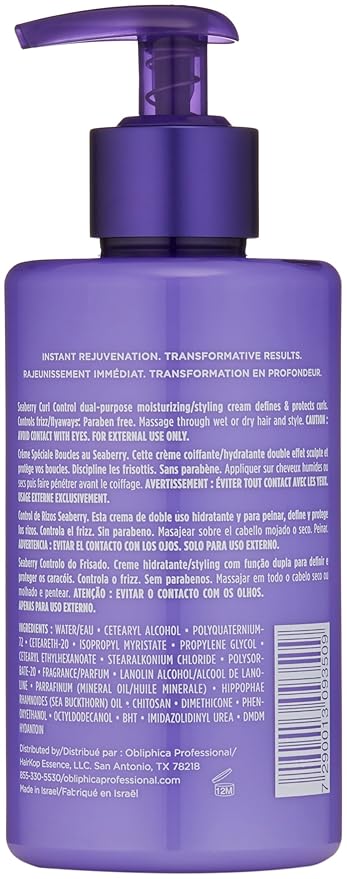 Obliphica Seaberry Curl Control Cream - Anti-Frizz, Curl-Defining and Enhancing Hydrating Styler for Women, Men, Wavy and Coarse Hair - 10 Fl Oz