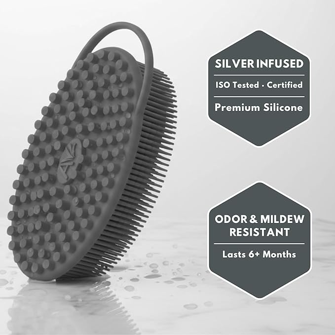 Silver Infused Silicone Body Scrubber Shower - Gentle Back Scrubber Soft Bristles - Avilana Premium Dual Sided Bath Brush Massage - Advanced Material Loofah Alternative - Gift Women Men