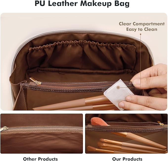 Prite Makeup Bag for Women Travel Waterproof Vegan Leather Cosmetic Bag Open Flat Toiletry Bag With Clear Divider and Handle (Plaid Brown)